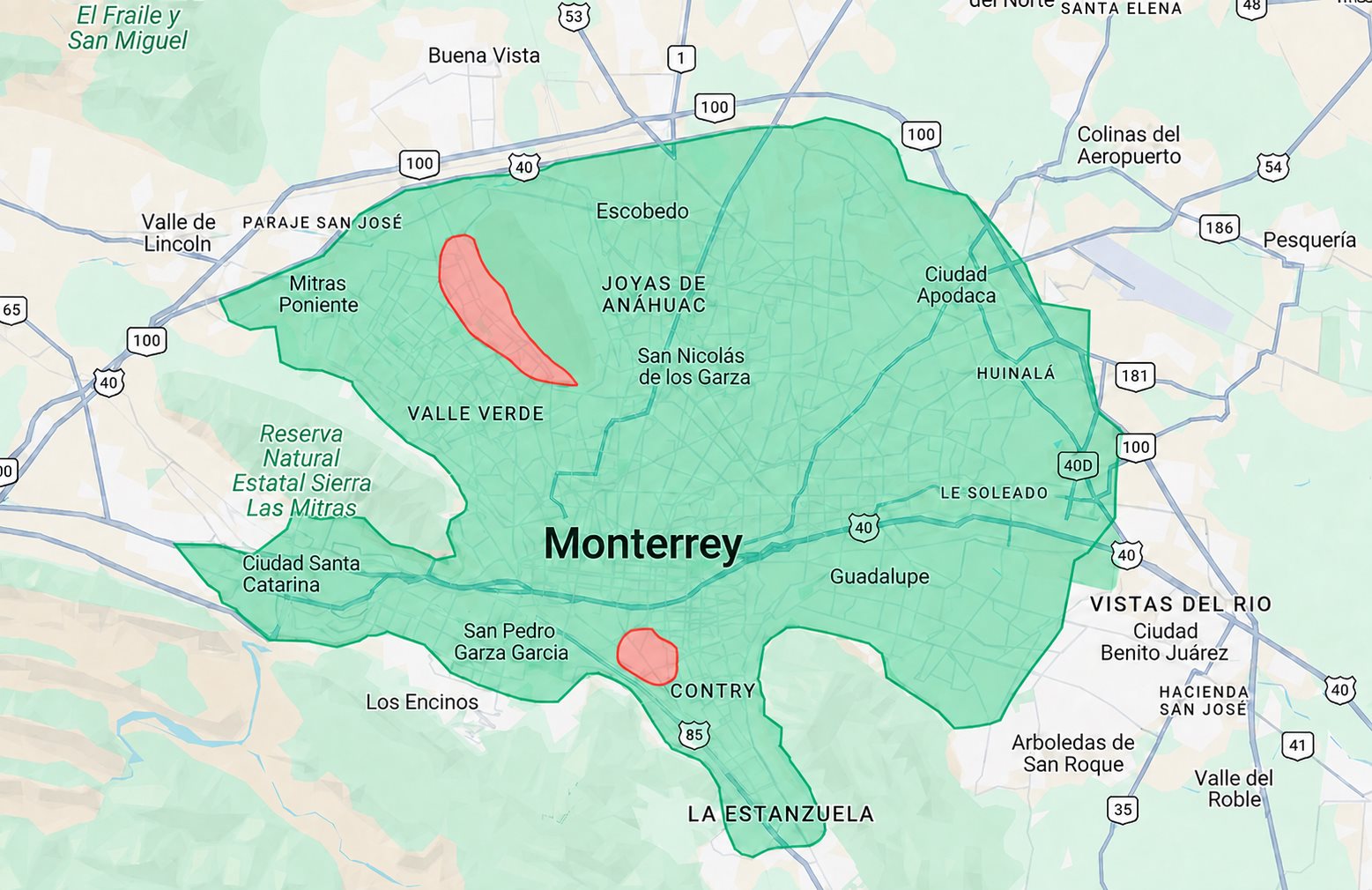 Mapa ilustrativo de Monterrey: cobertura en verde y dos zonas sin cobertura en rojo